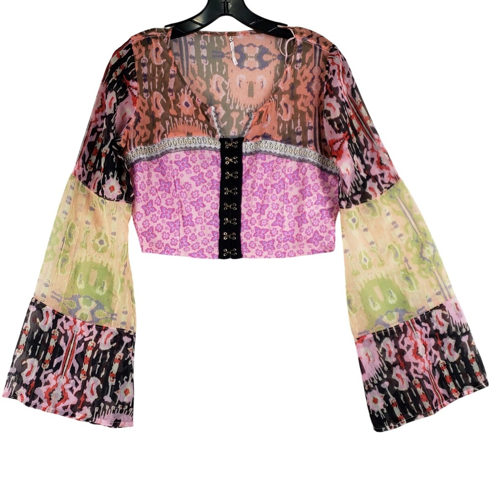 Free People Patchwork Blouse Womens S Multi Color Boho Festival Bell Sleeve